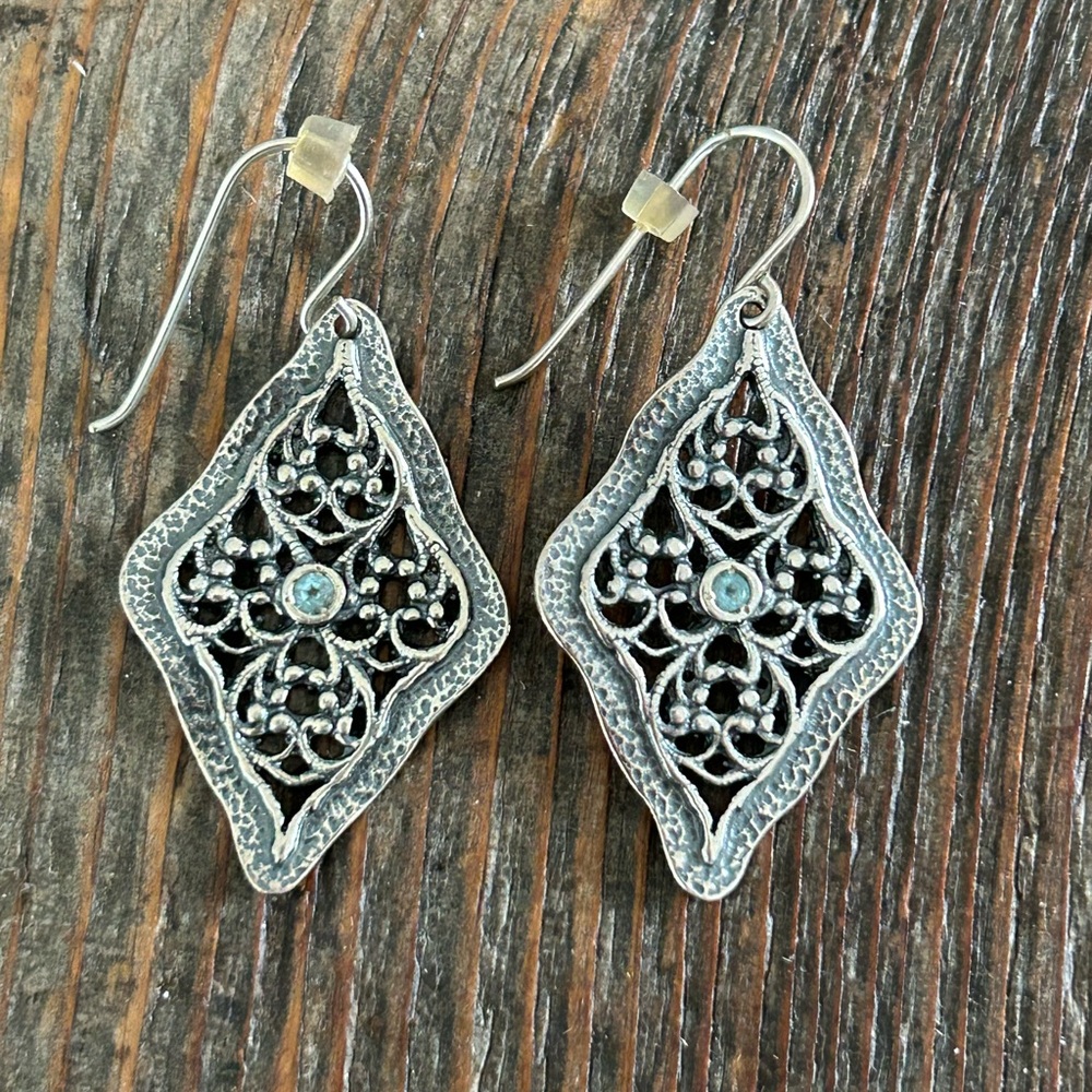 .925 Filigree & Blue Topaz Earrings - Picture 3 of 8
